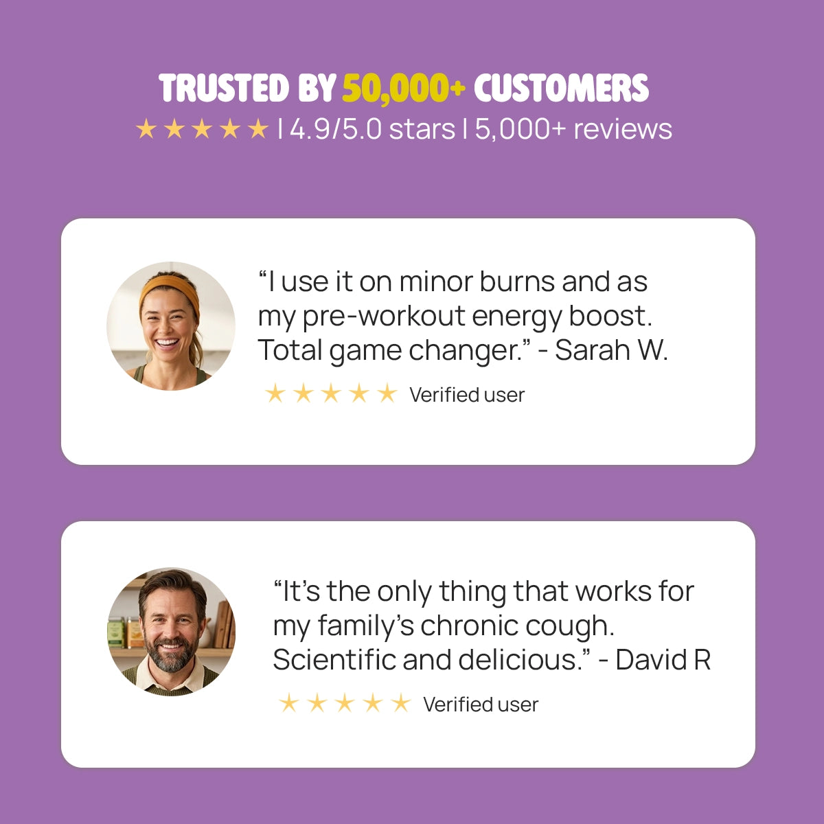 Product reviews with customer testimonials on a purple background