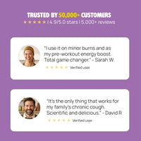 Product reviews with customer testimonials on a purple background
