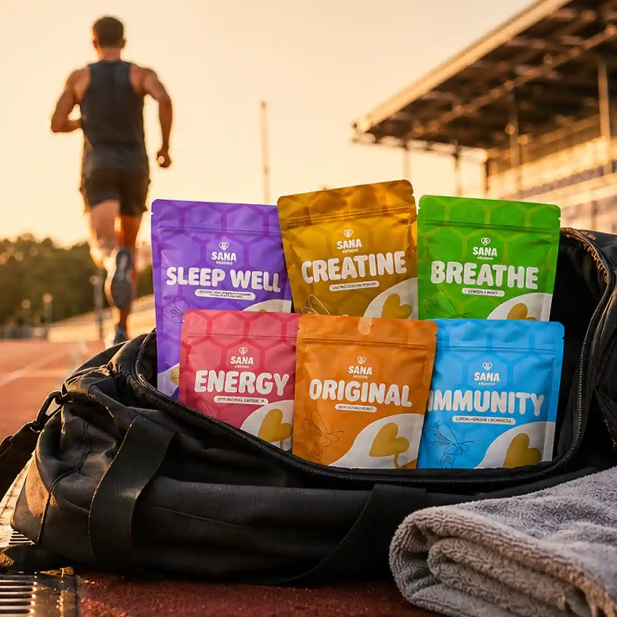 Sana VitaHoney Spoon Collection packages on a sports bag with a runner in the background.