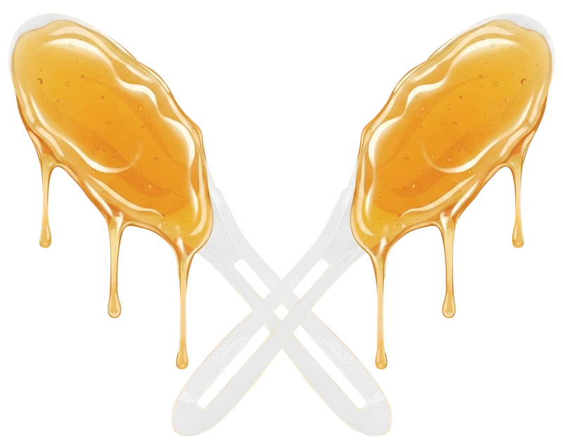 Two honey spoon with orange juice dripping down the sides on a white background