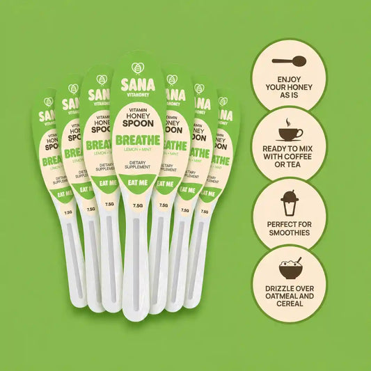 Set of Sana VitaHoney spoons Breathe on a green background with usage instructions.
