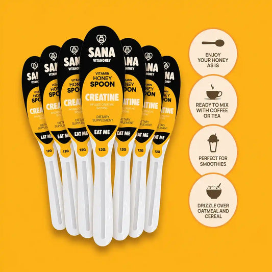Set of Sana Vitahoney spoons creatine infused on a yellow background with product information.
