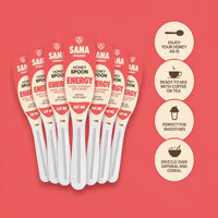 Set of Sana VitaHoney Spoons Energy on a red background with product information.