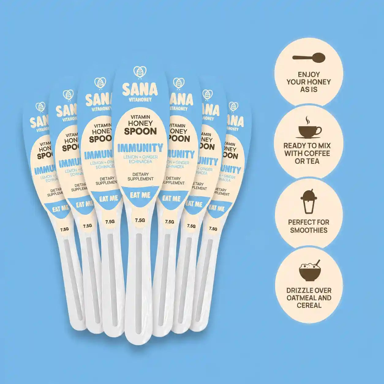 Set of Sana VitaHoney Spoons on a blue background with product information.