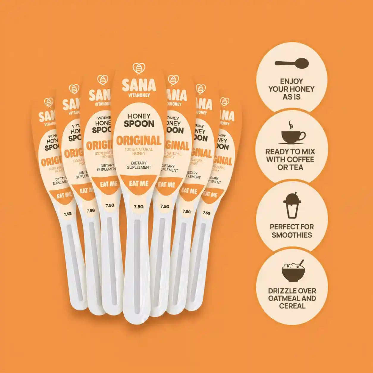 Set of Sana VitaHoney Spoons Original Pure Raw an orange background with product information.