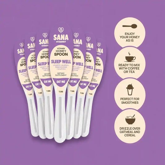 Set of Sana VitaHoney spoons Valerian root and Lavender infused on a purple background with product information.