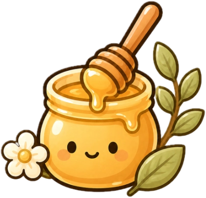Cartoon honey jar with a smiling face, honeycomb, and flowers on a white background